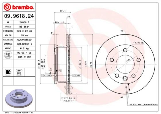 Brembo 09.9618.24 - Тормозной диск parts5.com