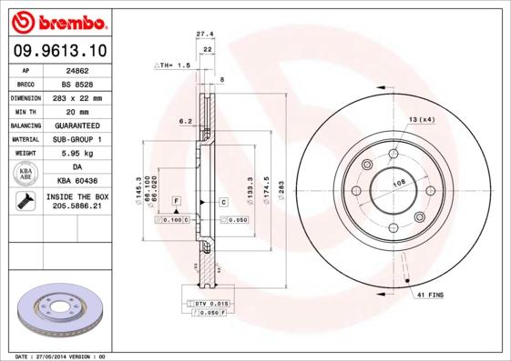 Brembo 09.9613.10 - Тормозной диск parts5.com