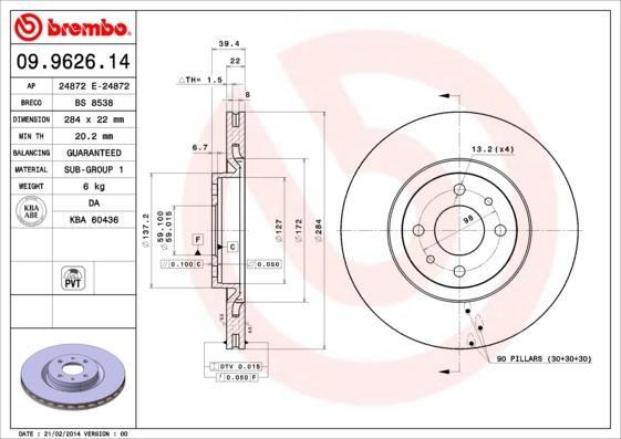 Brembo 09.9626.14 - Тормозной диск parts5.com