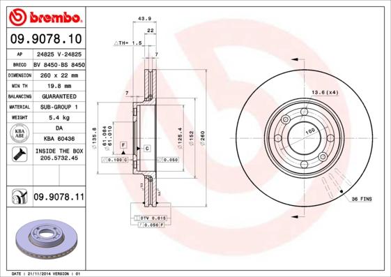 Brembo 09.9078.11 - Тормозной диск parts5.com