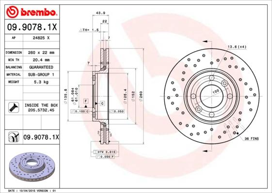 Brembo 09.9078.1X - Тормозной диск parts5.com