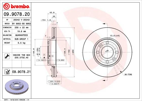 Brembo 09.9078.21 - Тормозной диск parts5.com