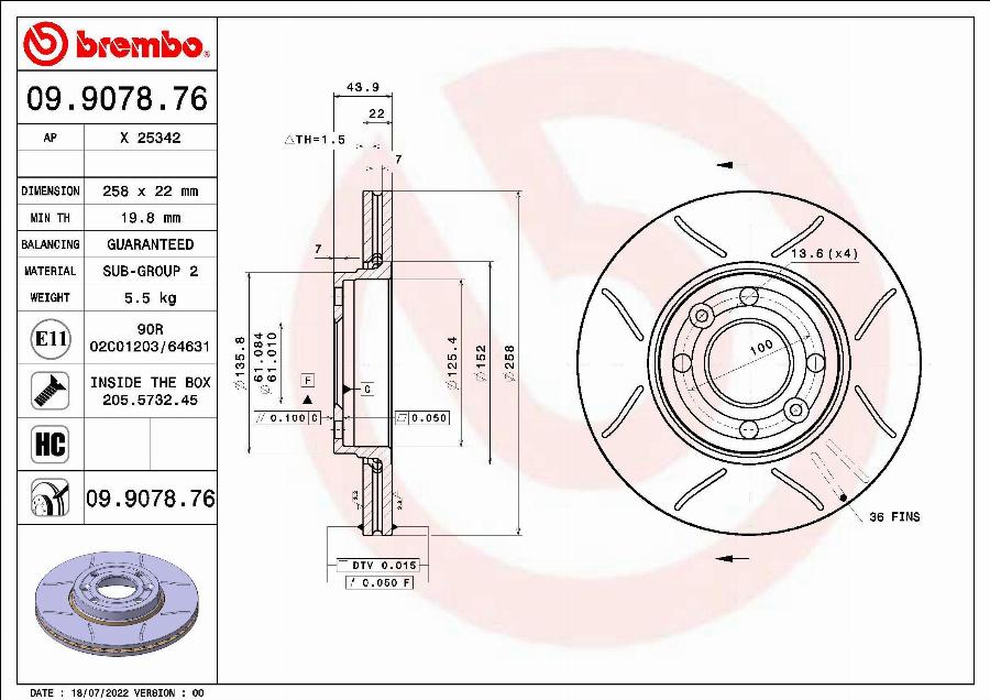 Brembo 09.9078.76 - Тормозной диск parts5.com