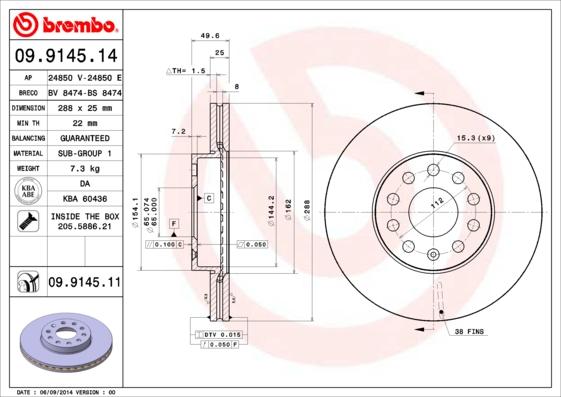 Brembo 09.9145.11 - Тормозной диск parts5.com