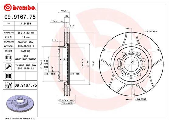 Brembo 09.9167.75 - Тормозной диск parts5.com