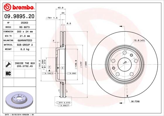 Brembo 09.9895.20 - Тормозной диск parts5.com