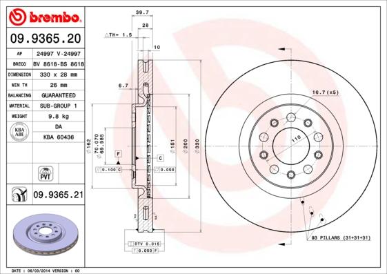 Brembo 09.9365.21 - Тормозной диск parts5.com
