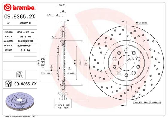 Brembo 09.9365.2X - Тормозной диск parts5.com