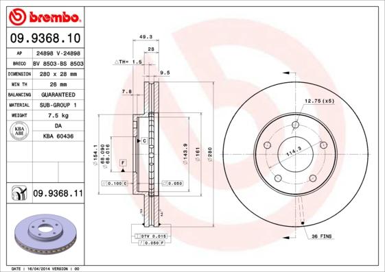 Brembo 09.9368.11 - Тормозной диск parts5.com