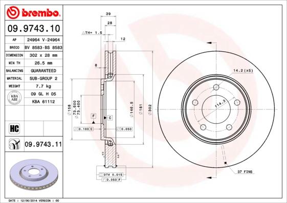 Brembo 09.9743.11 - Тормозной диск parts5.com
