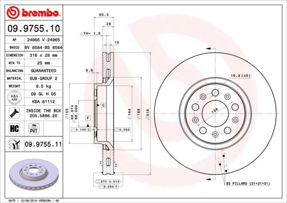 Brembo 09.9755.11 - Тормозной диск parts5.com