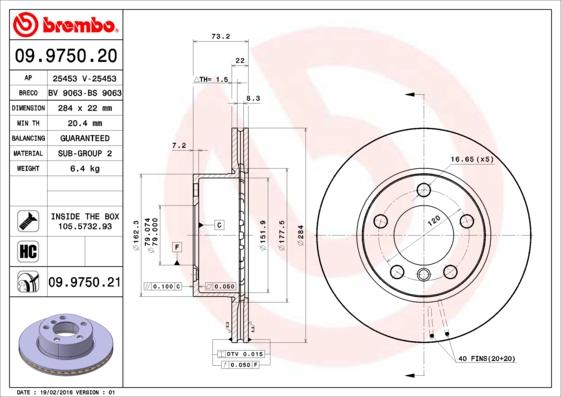 Brembo 09.9750.21 - Тормозной диск parts5.com