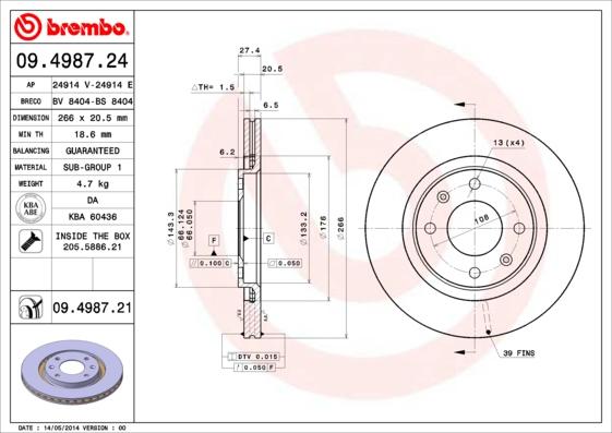 Brembo 09.4987.21 - Тормозной диск parts5.com