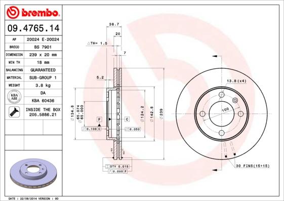 Brembo 09.4765.14 - Тормозной диск parts5.com