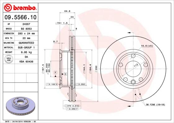 Brembo 09.5566.10 - Тормозной диск parts5.com