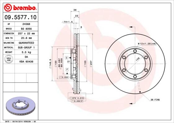 Brembo 09.5577.10 - Тормозной диск parts5.com