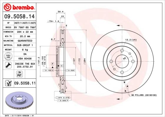 Brembo 09.5058.11 - Тормозной диск parts5.com