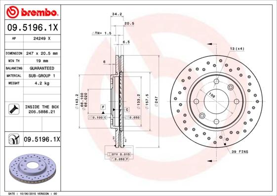 Brembo 09.5196.1X - Тормозной диск parts5.com