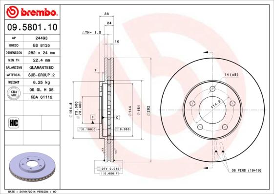 Brembo 09.5801.10 - Тормозной диск parts5.com