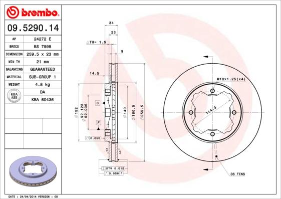 Brembo 09.5290.14 - Тормозной диск parts5.com