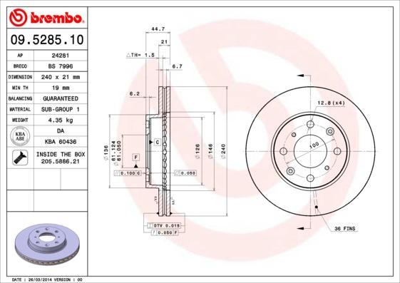 Brembo 09.5285.11 - Тормозной диск parts5.com