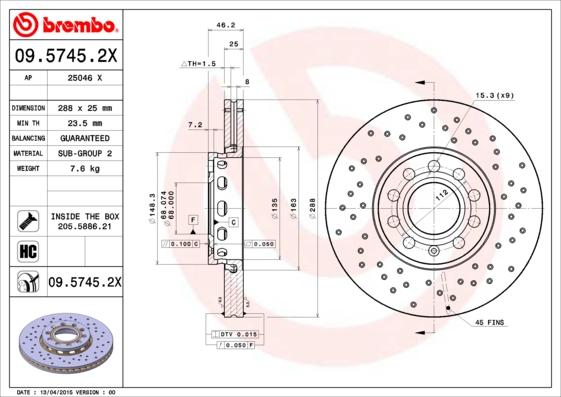 Brembo 09.5745.2X - Тормозной диск parts5.com