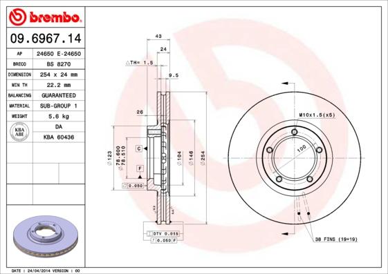 Brembo 09.6967.14 - Тормозной диск parts5.com