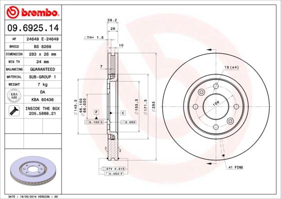 Brembo 09.6925.14 - Тормозной диск parts5.com