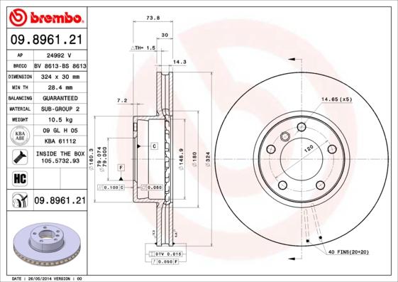 Brembo 09.8961.21 - Тормозной диск parts5.com