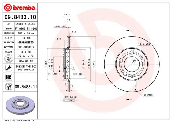 Brembo 09.8483.11 - Тормозной диск parts5.com