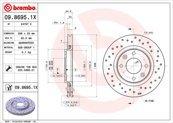 Brembo 09.8695.1X - Тормозной диск parts5.com