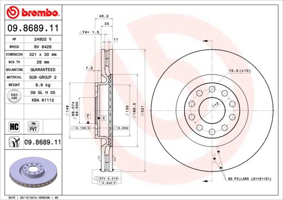 Brembo 09.8689.11 - Тормозной диск parts5.com