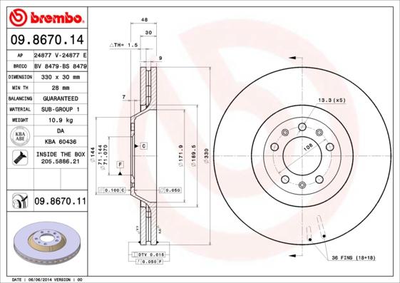 Brembo 09.8670.11 - Тормозной диск parts5.com