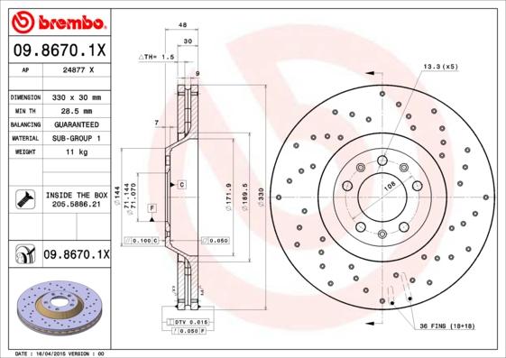 Brembo 09.8670.1X - Тормозной диск parts5.com