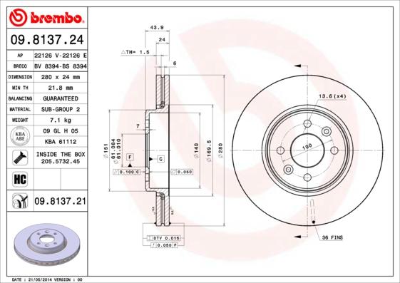 Brembo 09.8137.21 - Тормозной диск parts5.com