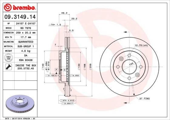 Brembo 09.3149.14 - Тормозной диск parts5.com