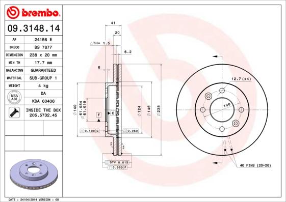 Brembo 09.3148.14 - Тормозной диск parts5.com