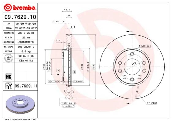 Brembo 09.7629.11 - Тормозной диск parts5.com