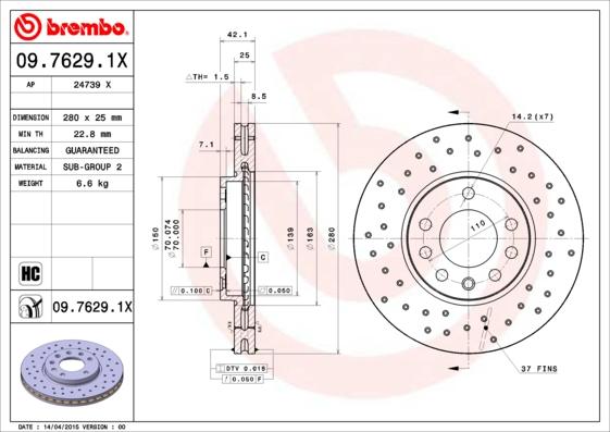 Brembo 09.7629.1X - Тормозной диск parts5.com