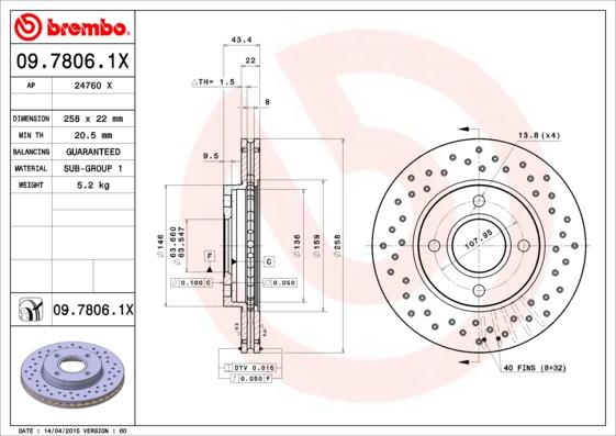 Brembo 09.7806.1X - Тормозной диск parts5.com
