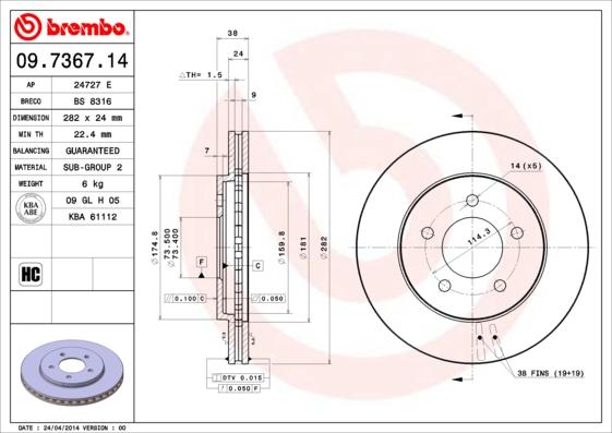 Brembo 09.7367.14 - Тормозной диск parts5.com