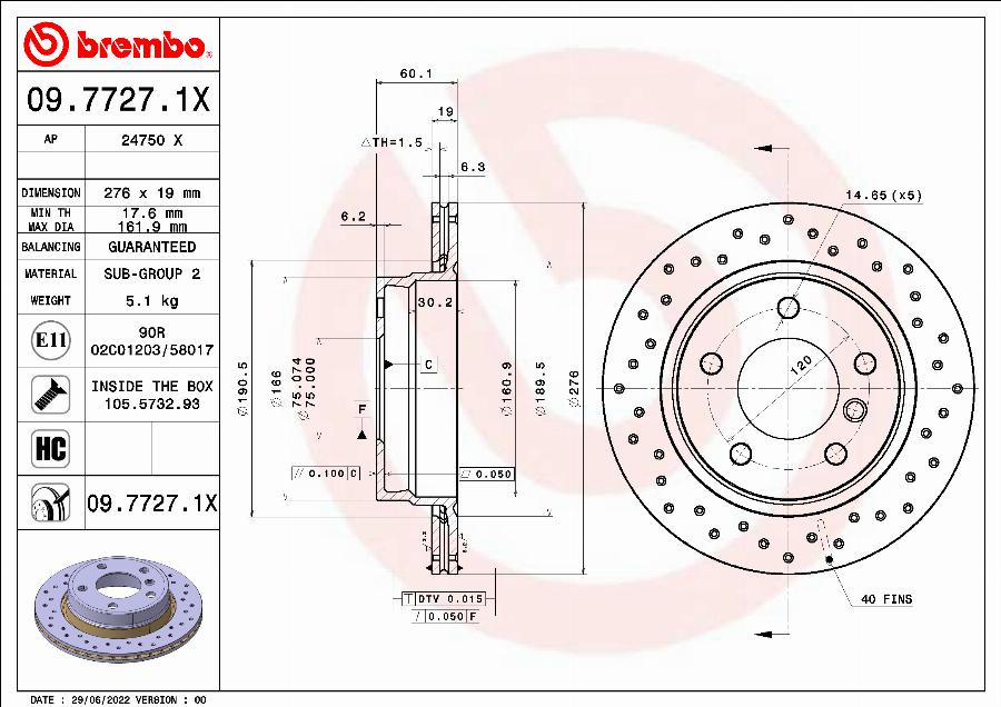 Brembo 09.7727.1X - Тормозной диск parts5.com