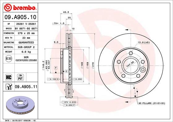 Brembo 09.A905.11 - Тормозной диск parts5.com