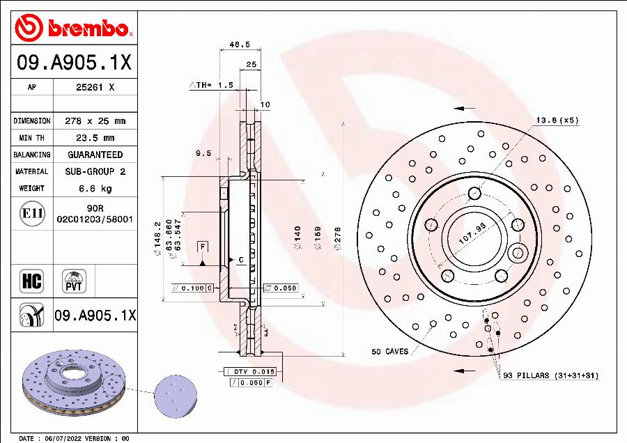 Brembo 09.A905.1X - Тормозной диск parts5.com