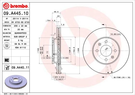 Brembo 09.A445.11 - Тормозной диск parts5.com