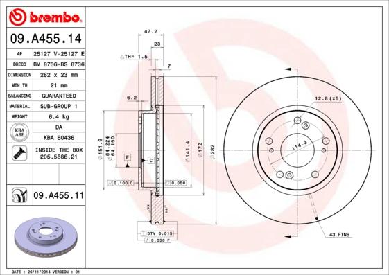 Brembo 09.A455.11 - Тормозной диск parts5.com