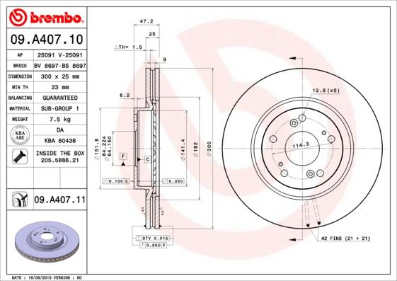 Brembo 09.A407.11 - Тормозной диск parts5.com