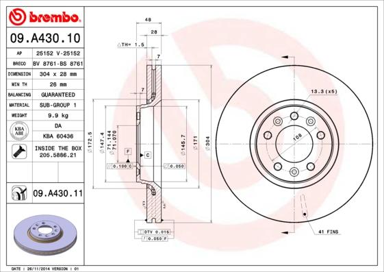 Brembo 09.A430.11 - Тормозной диск parts5.com