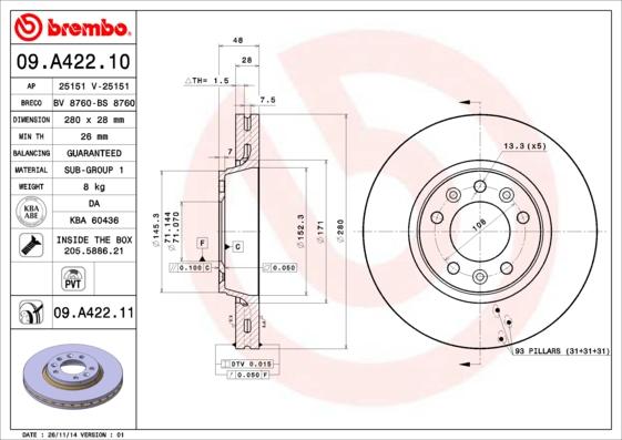 Brembo 09.A422.11 - Тормозной диск parts5.com