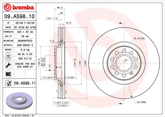 Brembo 09.A598.11 - Тормозной диск parts5.com